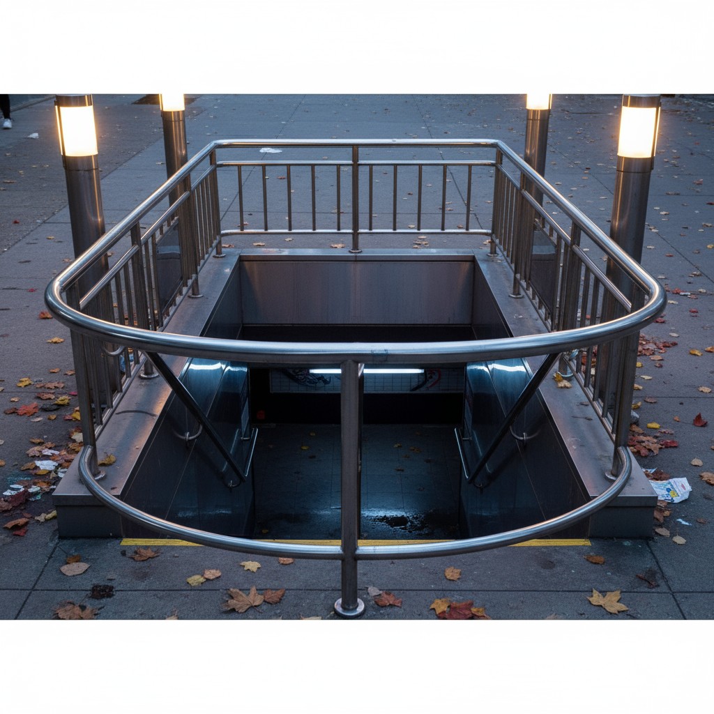 A metropolitan entrance with an angled escalator and metal railing, surrounded by a metal fence.