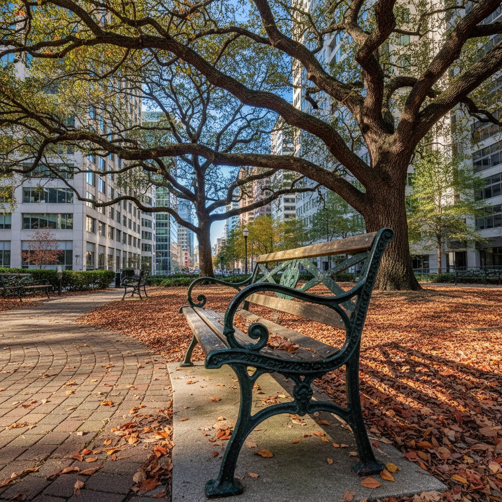 Lawn bench, urban area, trees, bark, paved path, city buildings.