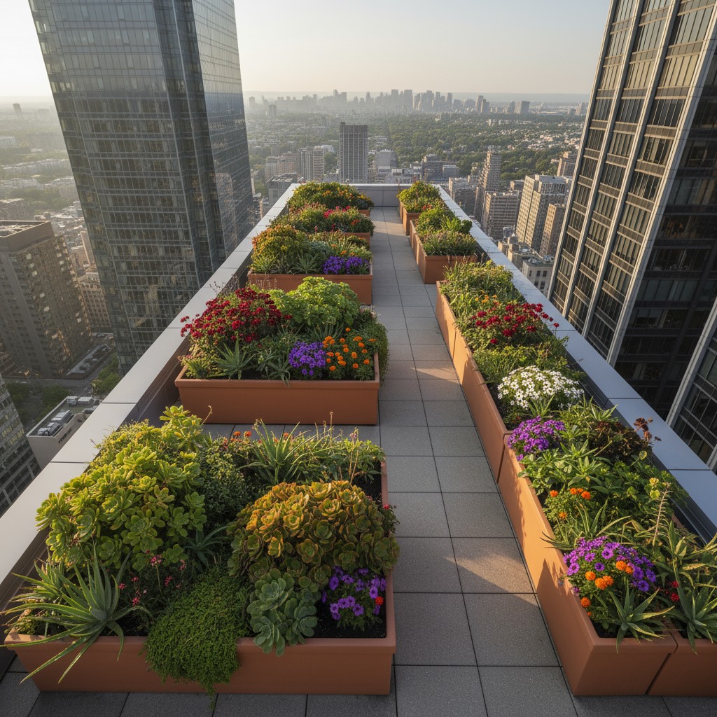 A balcony decorated with several large planters containing various plants and plants under a city skyline.