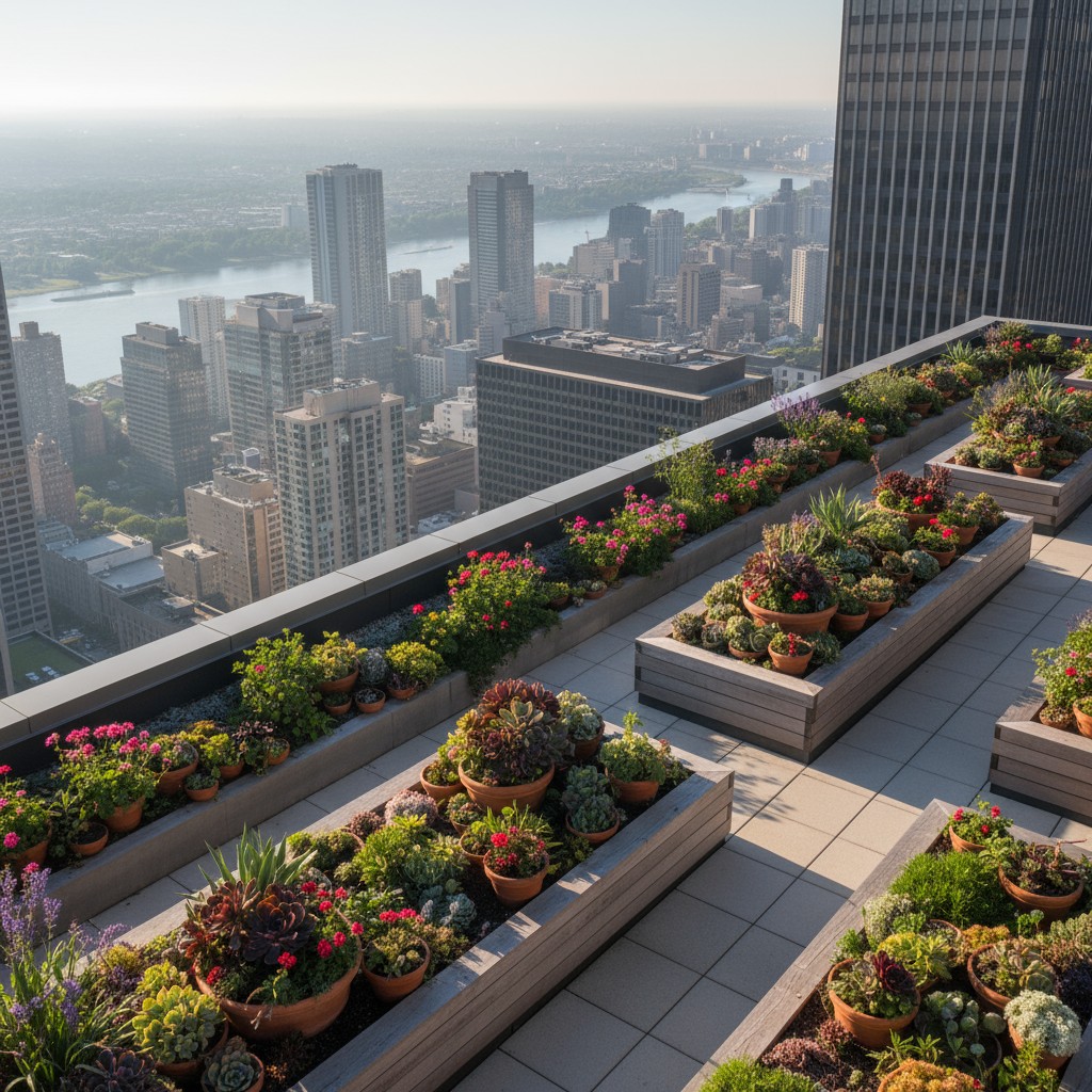 The image depicts a rooftop garden with an array of potted plants.